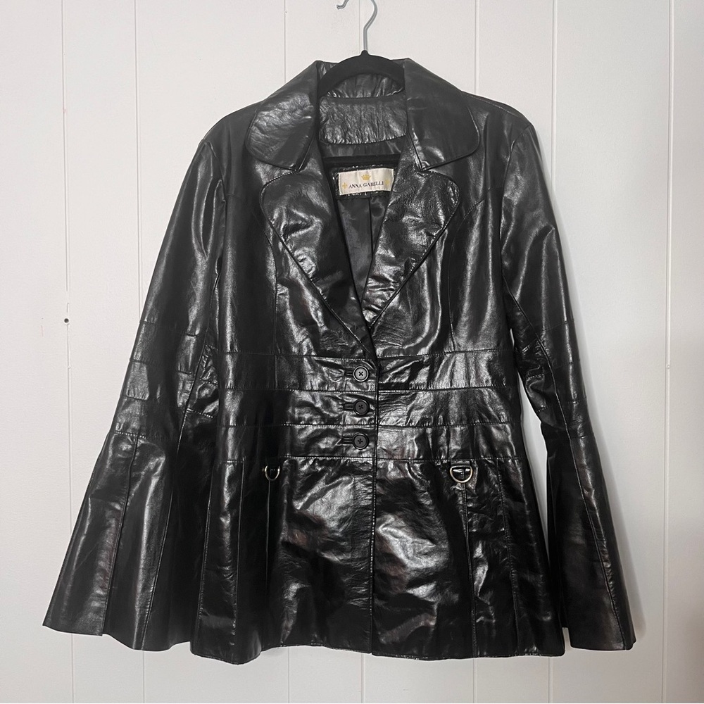 Anna Gabelli Fitted Leather Jacket Coated Shiny Bell Sleeves Goth Grunge Large